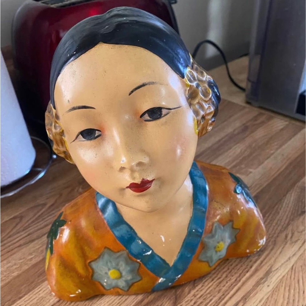 Esther Hunt 1920 polychrome chalk ware bust of Chinese girl. Rare find!